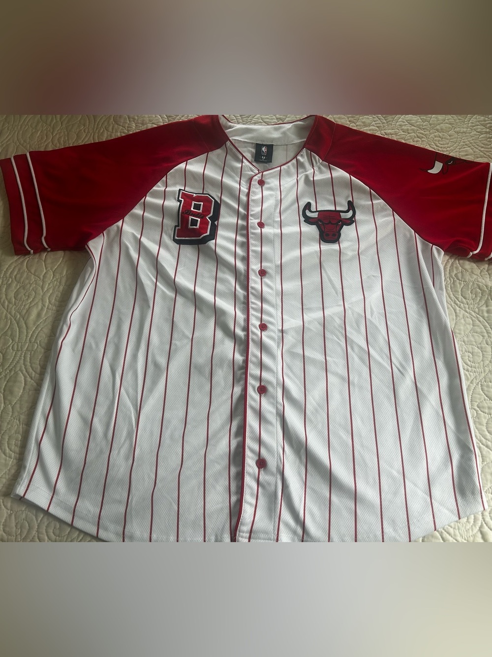 Red Bulls White and Red Pinstripe Baseball Jersey with Bull Logo
